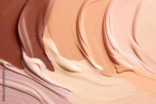 Different tones of liquid foundation as background, close up texture of makeup products. Concept of diversity in beauty care