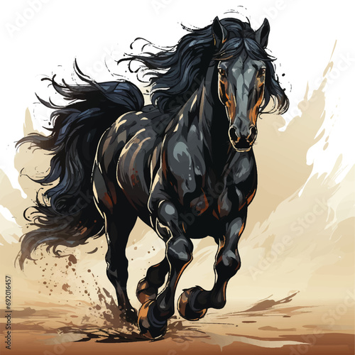 Black horse drawing.Watercolor.Vector.Beautiful.Running.