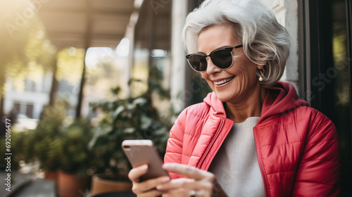 Old woman with grey hair in sunglasses sits on summer terrace of city cafe and smiles receiving new message from dear friend. Old woman does shopping with pleasure online on phone in city street