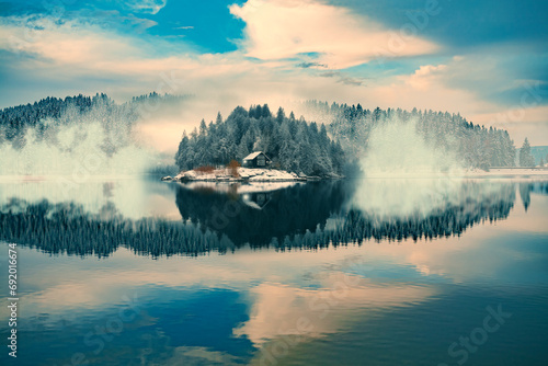 Photos wintry lake with a small island