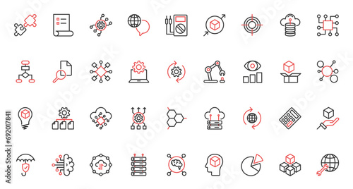 Intelligent machine with neural electronic system, innovation of artificial intelligence digital data support. AI, machine learning science trendy red black thin line icons set vector illustration.