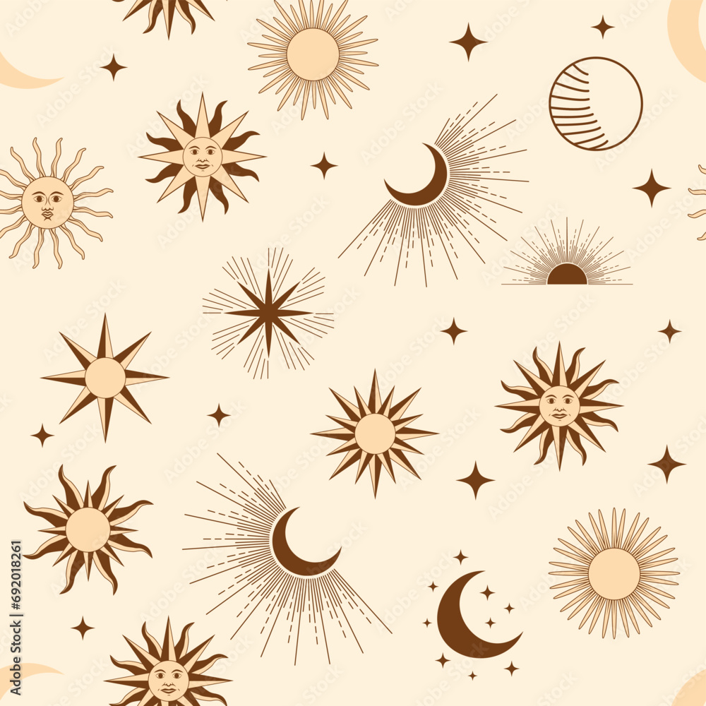 Magic seamless pattern with constellations, sun, moon, magic eyes, clouds and stars. Mystical esoteric