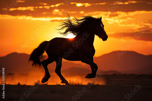 Photo of silhouette wild horse running on the background of orange sunset  with copy space. An atmosphere of strength and freedom emanates from the photo