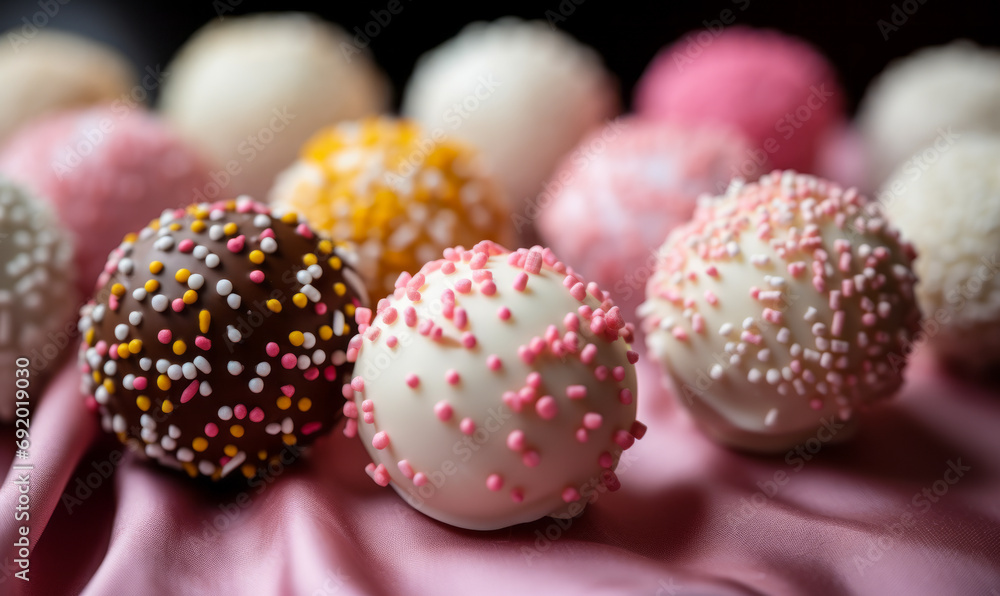 Assorted cake pops with elegant white and pink frosting and decorative sprinkles displayed against a blurred red background