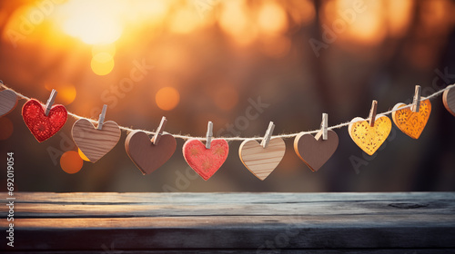 Heartfelt Sunrise: Vibrant Paper Hearts on a Wooden Clothesline