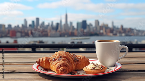 City Elegance: Croissant on Porcelain Plate with New York Skyline