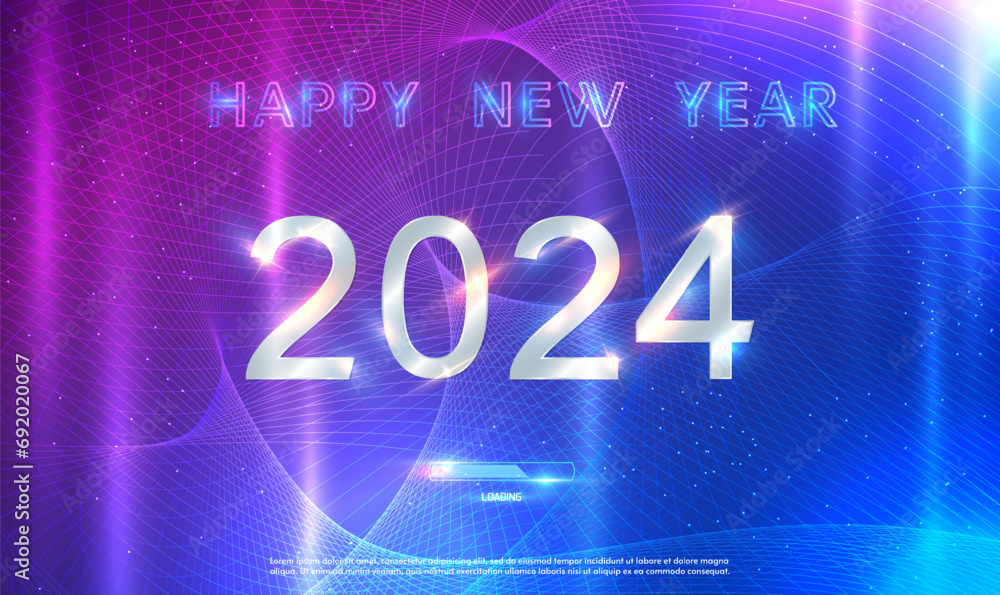Happy New Year 2024 futuristic technology and science background with connected particle lines.Glowing neon 2024 sign with shiny abstract energy wave and sparkles. Technology future data. Vector EPS10