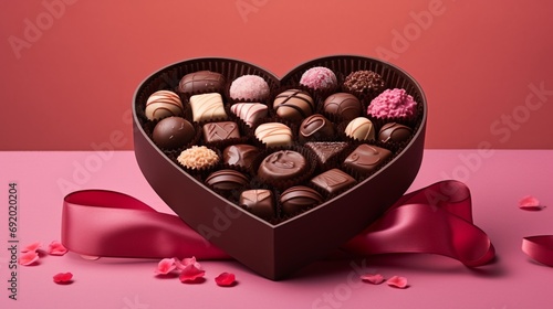 a heart-shaped box filled with assorted chocolates against a sweet pink backdrop, evoking feelings of love and indulgence.