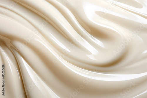 A close-up macro photo that vividly captures the texture of flowing liquid white chocolate photo
