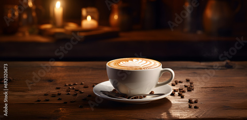 cup of coffee with latte art on a wooden table with beans