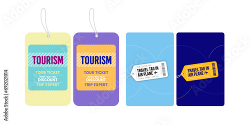 Travel ticket tag vector set graphic design tourism luggage world trip visit traveling journey promo store price barcode 