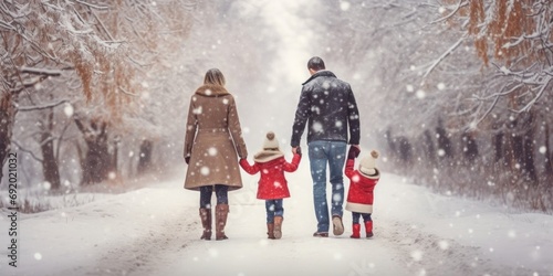 Happy family Father, mother and children are having fun and playing on snowy winter walk in nature. comeliness