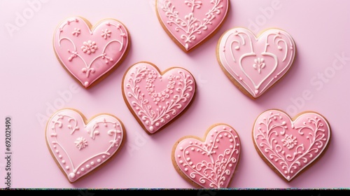 a heart-shaped sugar cookies with delicate icing designs in shades of pink on a pastel pink background.