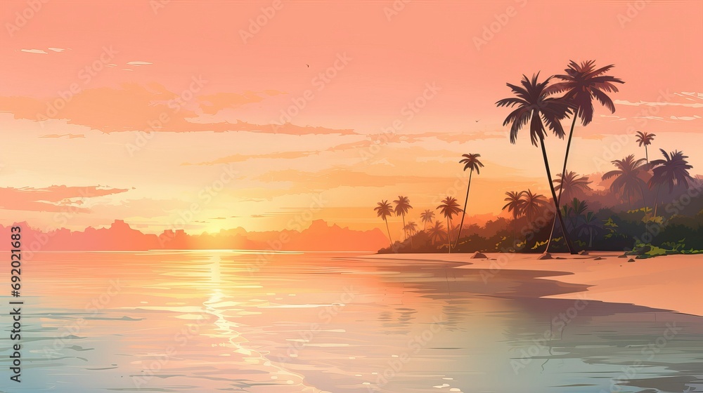 Sunset Paradise: Golden Hour Glow on a Secluded Tropical Beach with Palm Trees