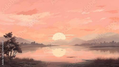 Pastel Sunset Over a Tranquil Lake with Distant Mountains and Reflective Water