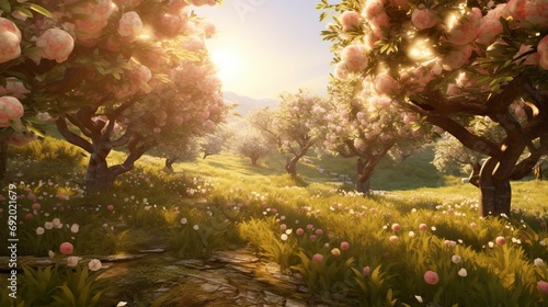 Sunlit Orchard with Blossoming Trees and Wildflowers on a Spring Morning photo