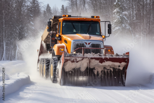 Dirty Snowplow Clearing Roads During Winter Storm