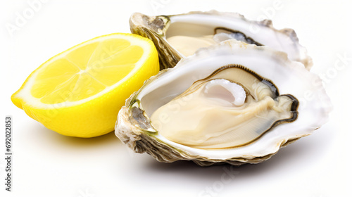 Fresh opened oyster with lemon isolated on white background photo