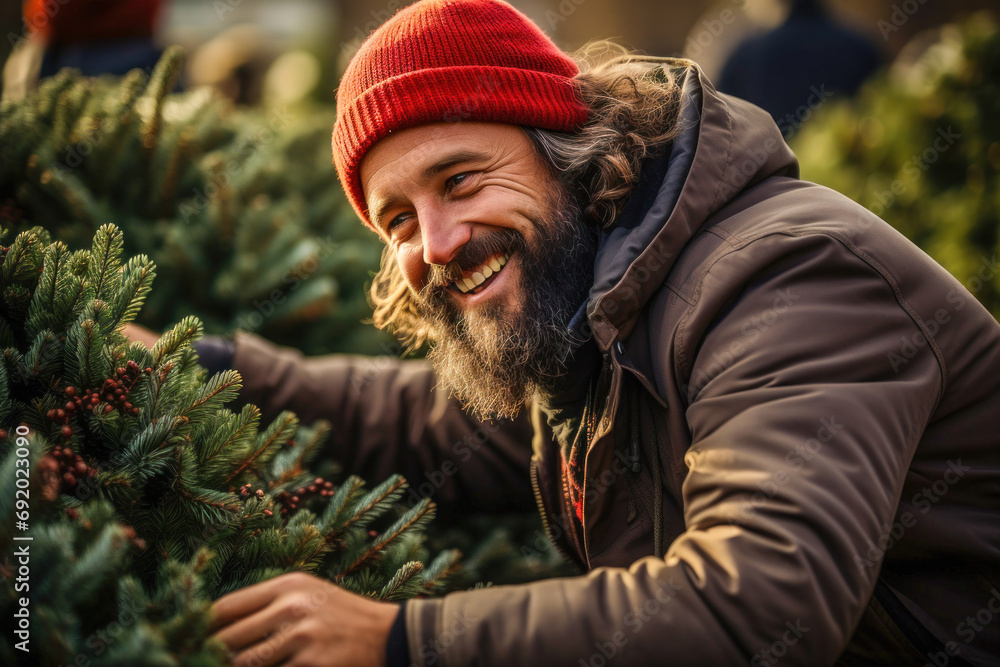 Happy man choosing christmas tree at festive christmas market