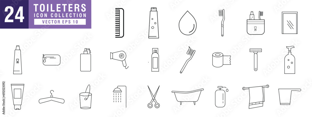 Vector of toiletries icon set, soap, shampoo, conditioner, toothbrush, toothpaste, vector EPS 10. Vector of toiletries icon set, soap, shampoo, conditioner, toothbrush, toothpaste, vector EPS 10.