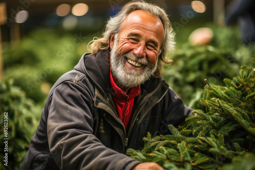 Smiling man choosing christmas tree at holiday market