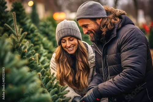 Joyful couple choosing a beautiful christmas tree at the festive christmas tree market