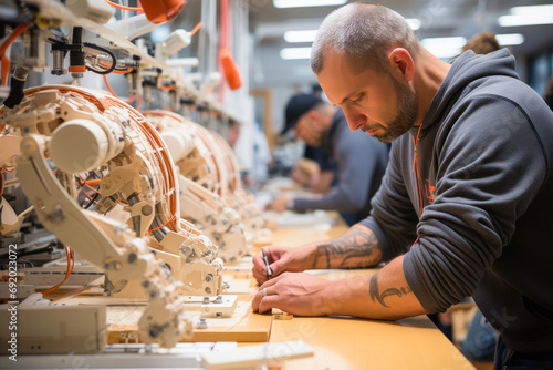 Focused mature man working on woodworking machine in professional carpentry workshop