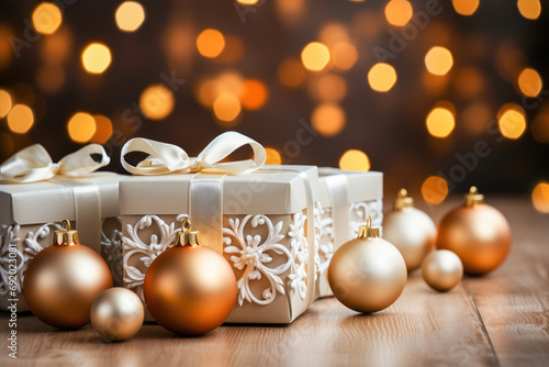 Festive New Year Greeting Card with Colorful Gift Boxes and Shiny Christmas Tree Decorations