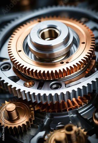 Close-up of the gears of a clockwork showing the intricate inner workings