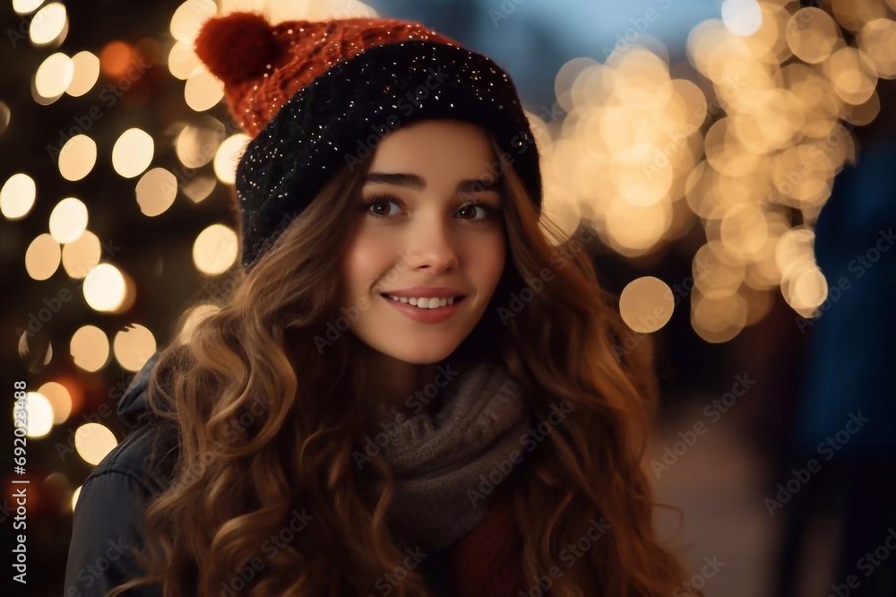 Beautiful girl chooses a Christmas tree at the fair Beautiful girl chooses a Christmas tree at the fair