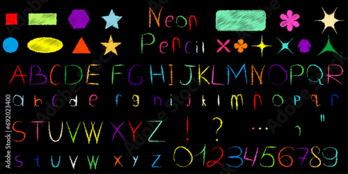Set of neon letters, numbers and symbols written in pencil. Colored tube, colored outline in modern abc style, lines of the Latin alphabet. Fonts for events, promotions, logos, banners, and monograms.