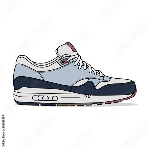 Dark blue, light blue, and white sneakers, outlined and isolated on a white background. Suitable for commercial purposes.