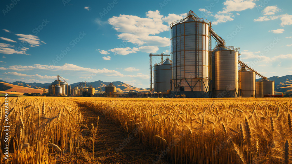 View of a gold wheat field and agricultural silos set of storage tanks cultivated plant. View of a gold wheat field and agricultural silos set of storage tanks cultivated plant.