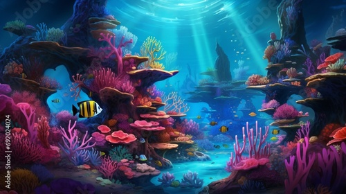 A magical underwater scene with vibrant pink and blue coral reefs and exotic fish."
