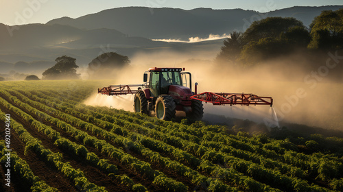 Tractor spraying pesticides on a vast green soybean plantation during the early morning hours.