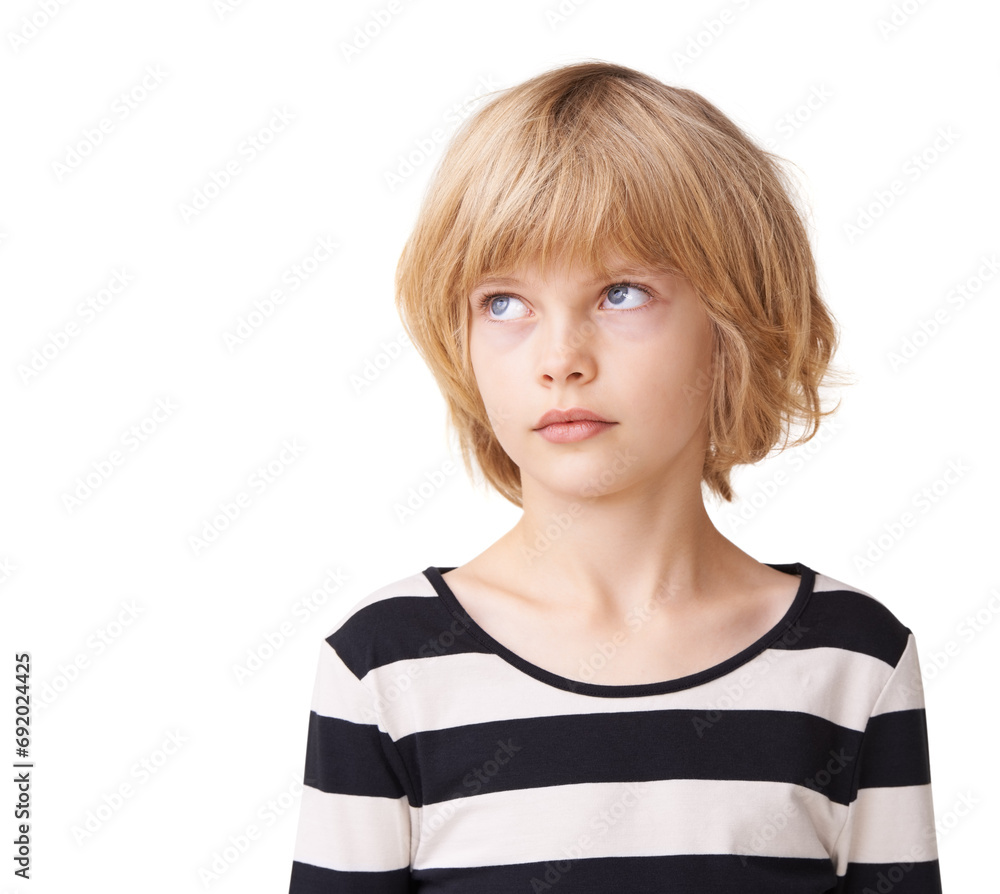 Children, thinking and fashion with a young girl in studio isolated on a white background for style. Idea, future and vision with a confident young kid model in a casual or trendy clothing outfit Children, thinking and fashion with a young girl in studio isolated on a white background for style. Idea, future and vision with a confident young kid model in a casual or trendy clothing outfit