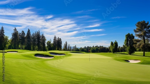 A manicured golf course with perfectly trimmed green lawns and golfers enjoying a sunny day.