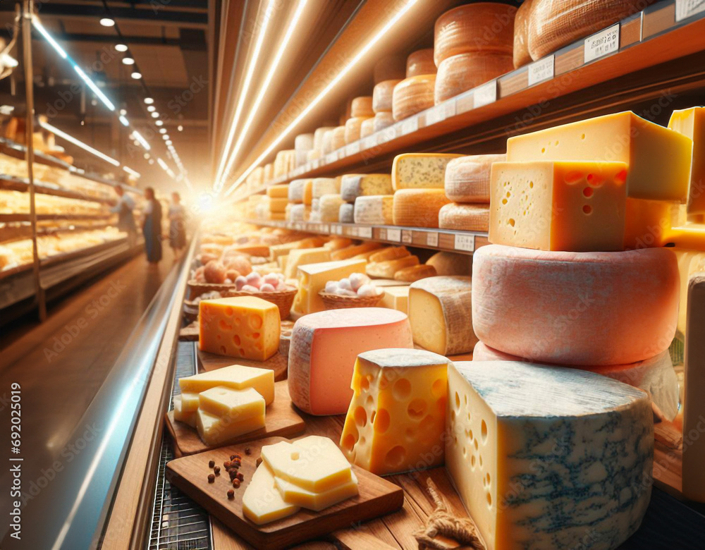 Variety of local cheeses displayed at the market stall. Organic food Variety of local cheeses displayed at the market stall. Organic food