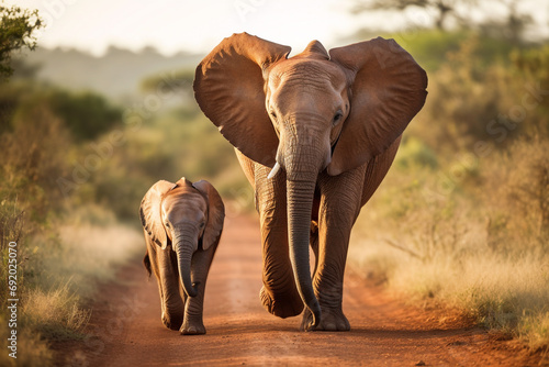 Mom and baby African elephant walking together in conservation park.