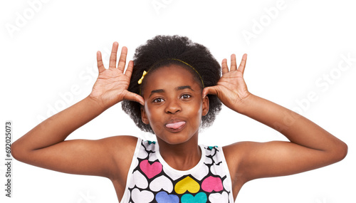 Goofy, funny and portrait of black girl in a studio with tongue out for crazy facial expression. Comedy, joke and young African child with tease, comic and silly face isolated by white background. photo