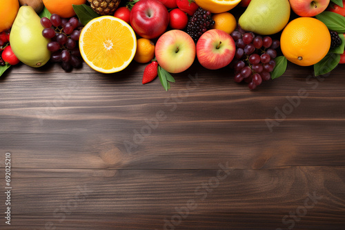 Top view of empty wooden desk with fruits background and copy space
