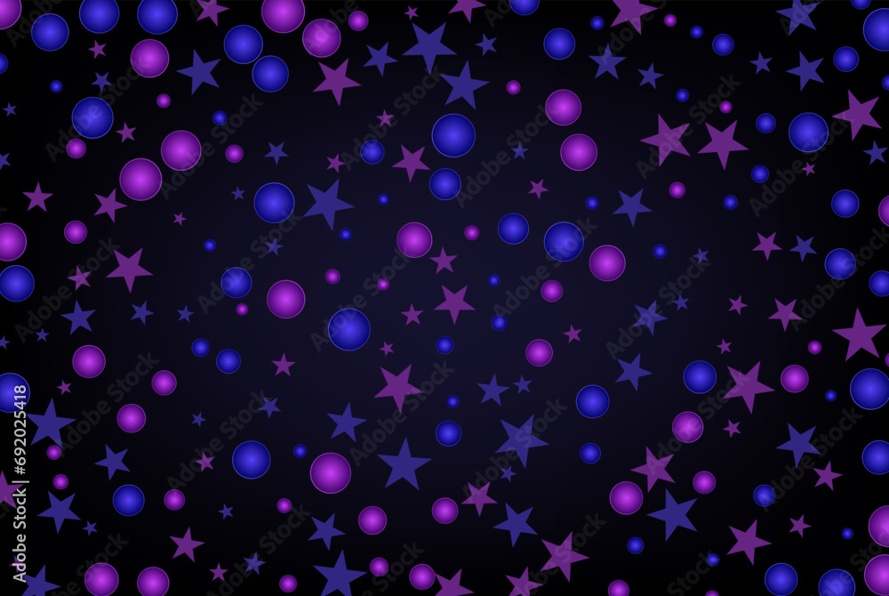 Stars confetti. Vector illustration. Confetti of blue and purple circles and stars on an abstract background, design element