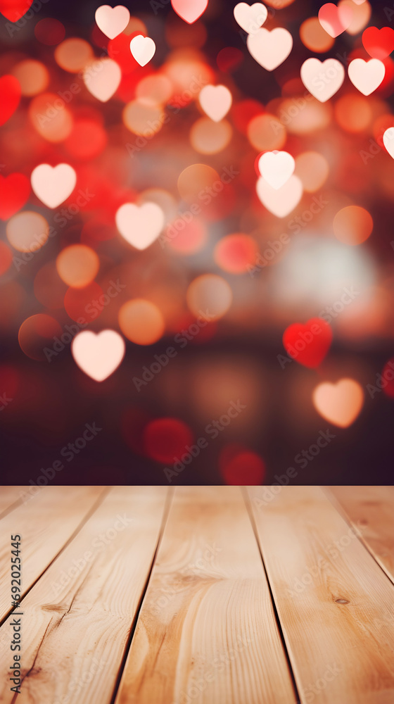 Empty wooden table with defocused bokeh hearts and rounds in pink and red colors, template with heart symbols, a mockup scene for Valentine's Day, anniversaries, and other heartfelt occasions.