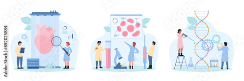 Medical lab biotech research set vector illustration. Cartoon tiny people study DNA molecule and blood sample with microscope, scientists test human heart for transplantation with magnifying glass