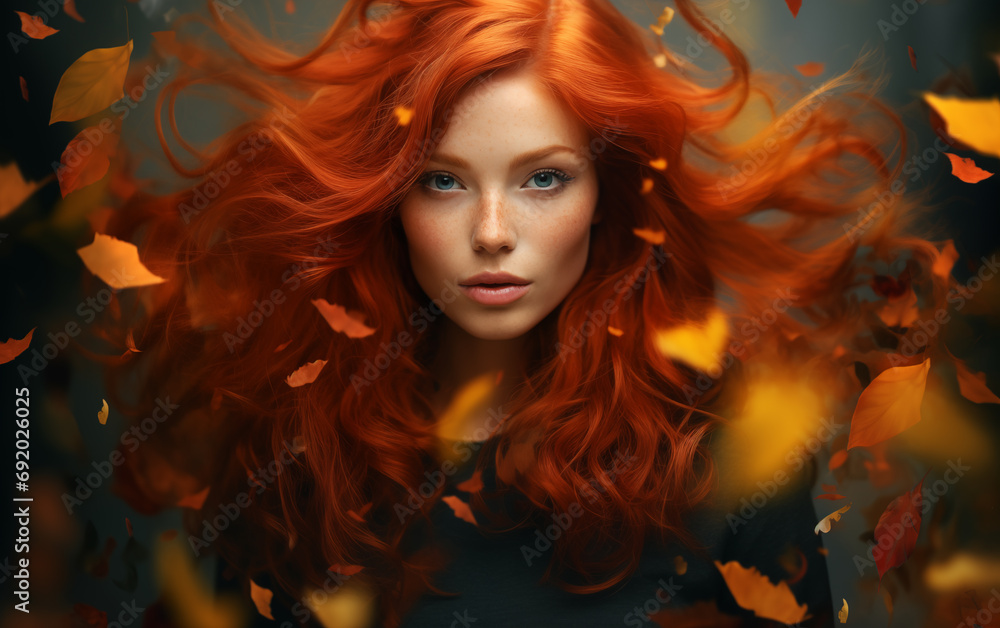 Beautiful woman in autumn fall season, autumn leaves, Captivating redhair female model.
