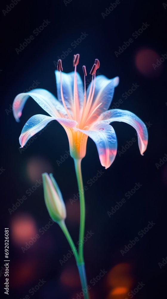 Neon glowing fantasy lily flower in soft lighting at night with beautiful blur background of nature Neon glowing fantasy lily flower in soft lighting at night with beautiful blur background of nature
