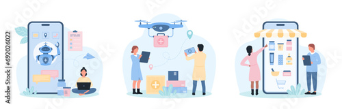 Medical services online set vector illustration. Cartoon tiny people order delivery of drugs from pharmacy, customer talking with healthcare chatbot, doctors control drone carrying emergency box
