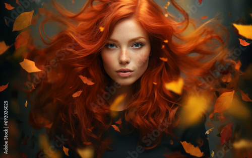 Beautiful woman in autumn fall season, autumn leaves, Captivating redhair female model. 