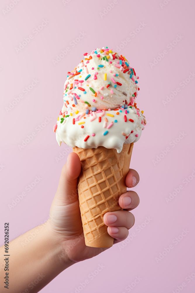 hand holding ice cream cone with sprinkles isolated on purple plain wall studio background, bright summer sunlight shadows hand holding ice cream cone with sprinkles isolated on purple plain wall studio background, bright summer sunlight shadows