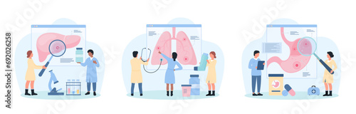 Study of internal organ diseases set vector illustration. Cartoon tiny doctors with stethoscope and magnifying glass research digital anatomy, medical infographic charts with liver, lungs and stomach photo